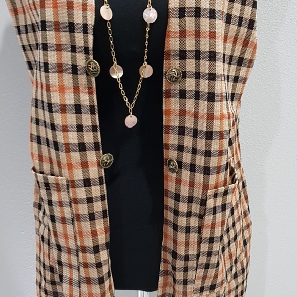 Brown Checkered Open Front Sleeveless Vest NWOT - Picture 2 of 3